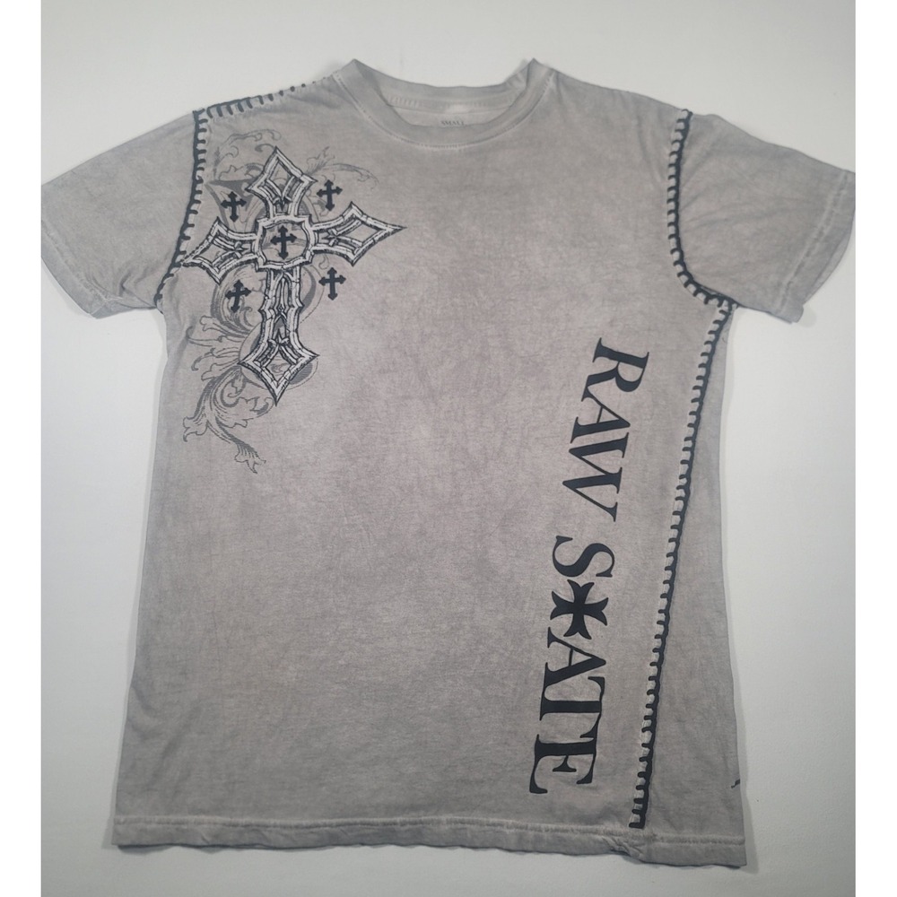 Raw State Men's Small Gray Graphic Cross T-Shirt Acid Wash Gothic Y2K Biker